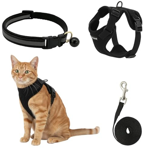 Adjustable Cat Harness and Lead Set and Reflective Collar, Quick Release, Escape-Proof Design for Kittens and Small to Large Cats, Comfortable Vest Easy to Wear Kitten Harness for Outdoor, Black XS