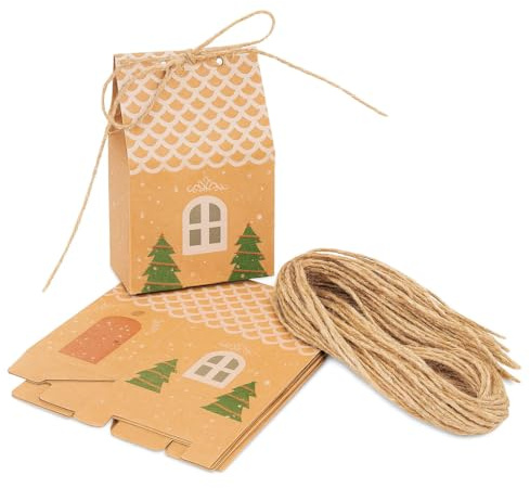 Confezione da 50 scatole di Natale a forma di casa di pan di zenzero, contenitori fai da te con spago di iuta per dolci, biscotti, confezioni da tavola per feste