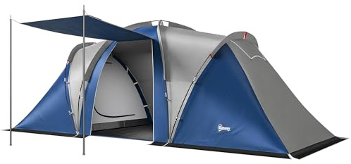 Outsunny Campingzelt, doppellagig, Familientunnel, 4-5 Personen – großes Zelt mit 2 Schlafzimmern und Wohnzimmer für 12 Personen – 3000 mm wasserdicht, Solar-Schutz mit Markise, blau