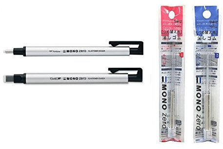 Tombow Mono Zero Radiergummi-Set enthält runde und quadratische Radiergummi-Halter (insgesamt 4 Stück) und Nachfüllungen (Farbe wählen) – Silber
