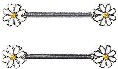BODYA Pair Cute Double Enamel Spring Daisy Flower Nipple Barbell Ring Piercing bar Stainless Steel 14g (Daisy Flower-one Pair)
