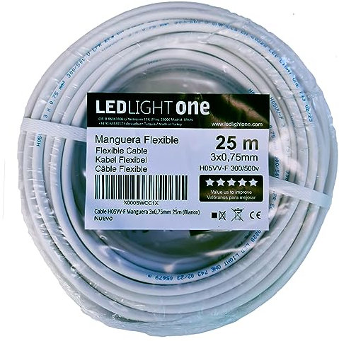 Led Light One Cable H05VV-F Manguera 3x0,75mm 25m (Blanco) Tensión de servicio: 500v Temperatura máxima de trabajo 70º.Cables para instalaciones fijas y móviles en locales domésticos y oficinas.