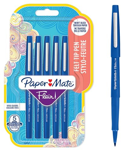 Paper Mate Flair Felt Tip Pens | Medium Point (0.7 mm) Writing Pens | Blue Pens | For Writing, Drawing & Sketching | 5 Count