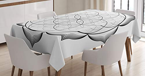 ABAKUHAUS Mandala Tischdecke, Blume des Lebens Mittleren Osten, Schmutzabweisent mit Modernster Druck Technologie Waschbar Klare Farben, 140 x 170 cm, Schwarz und weiß