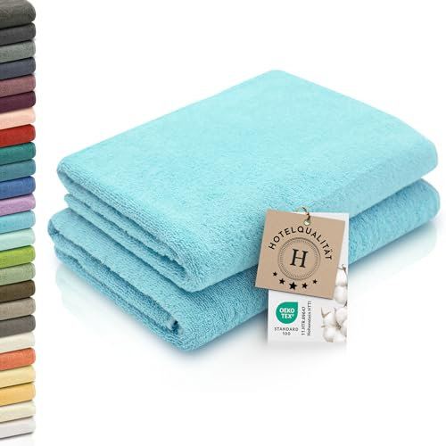 ZOLLNER 2er Set Duschtücher - weiche und saugstarke Handtücher - waschbar bis 95°C - Baumwolle - 70x140 cm in azurblau