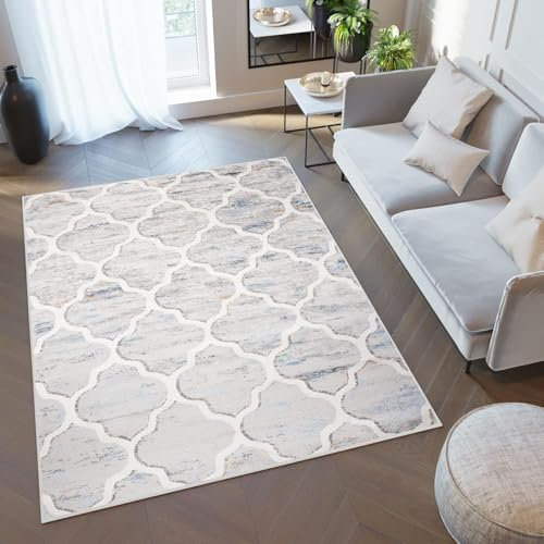 TAPISO Teppich Valley Teppich Kurzflor Grau Beige Blau Mehrfarbig Kleeblatt Marokkanisch Schlafzimmer Wohnzimmer ÖKO-TEX 140 x 200 cm