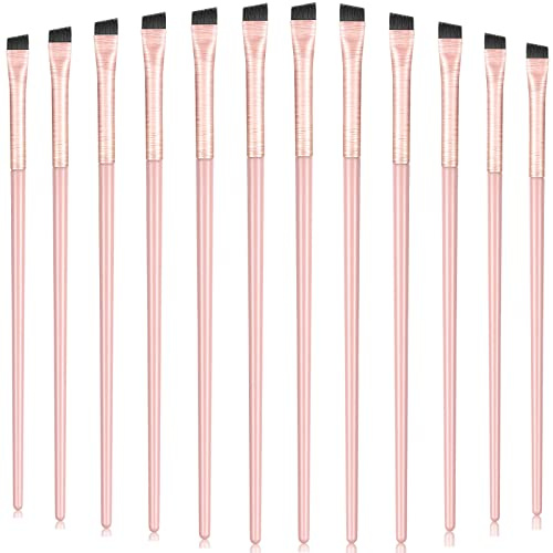 Maitys 12 Pieces Eyeliner Eyebrow Fine Angled Brush Slanted Eyeliner Makeup Tip Thin Slanted Flat Angle Artificial Bristles Eyebrow Brush for Cosmetic(Pink)