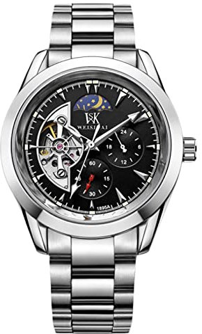 rorios Mode Herren Uhren Automatisch Mechanisch Uhren mit Edelstahl-Armband Leuchtende Skelett Armbanduhr