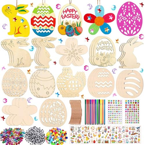 360 Stück Basteln Ostern Kinder, Holzanhänger Ostern Zum Bemalen, Ostern Holz Bemalen, Ostern Basteln Kinder, Ostern Bastelset mit Holzanhänger Aquarellstift Strass Auge Glocke Seil Aufkleber (B)