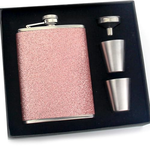 Eiarrnp Fiaschetta per liquori da donna, in acciaio inox, a prova di perdite, con imbuto e 2 bicchieri da vino, set regalo con glitter luccicanti, set regalo con imbuto e 2 bicchieri da vino, set di