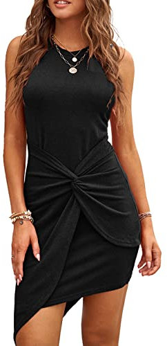 Jayscreate Damen Sommerkleid Rundhals Knielang Ärmelloses Kurzes Wickelkleid Strandkleid Festlich Freizeitkleid, Schwarz, S
