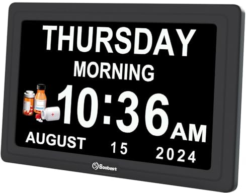 Soobest Dementia Digital Clock for Seniors Elderly, 20 Alarm Reminders 3 Ringtones for Memory Loss Alzheimers, Electric Time Date Day Large Display Calendar Clock, Auto DST, 1024 * 600P HD