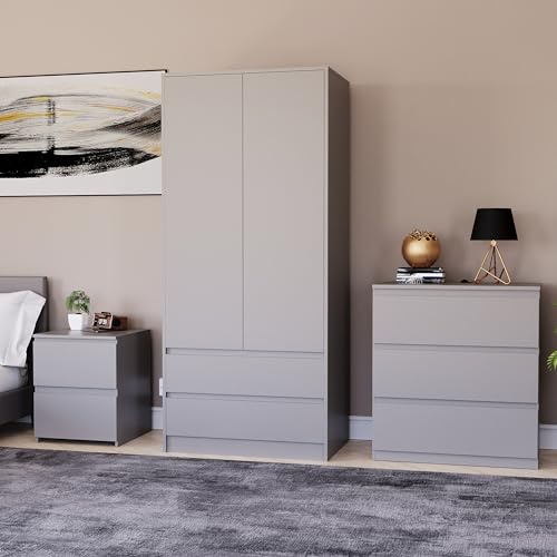Vida Designs Denver Bedroom Furniture Set (Grey, 3 piece - 3 Drawer Chest + 2 Door Wardrobe + 2 Drawer Bedside Table)