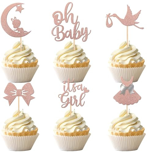 Xsstarmi 24 Pack Baby Shower Cupcake Toppers Glitter Bow Moon Dress Cupcake Picks It's a Girl Cupcake Decorations for Gender Reveal Baby Shower Theme Girls Birthday Party Cake Decorations Rose Gold