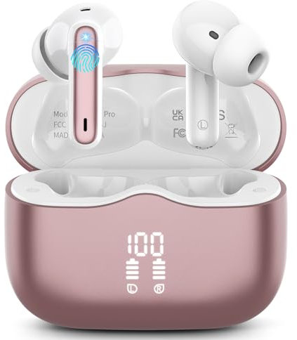 Bluetooth Kopfhörer, Kopfhörer Kabellos Bluetooth 5.3 In Ear Kopfhörer mit 4 ENC Noise Cancelling Mic, Kabellose Kopfhörer Tiefer Bass Wireless Earbuds 40Std, IP7 Wasserdicht LED Anzeige, Roségold