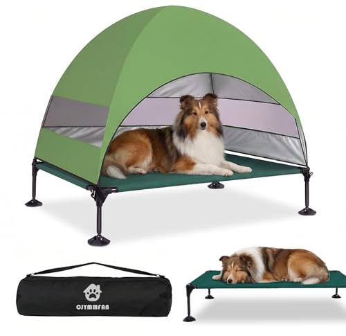 Upphöjd hundsäng utomhus med tak, hundbädd vikbar med halkfria fötter, hundtält utomhus med stor skugga, kylande höjd hundsäng för camping, trädgård, strand & pool (Grön, L)