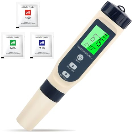 Misuratore PH 5 in 1 ad alta precisione – PH/EC/TDS/salinità/termometro con compensazione automatica della temperatura, display LCD – ideale per acqua potabile, piscina, acquario, idroponica