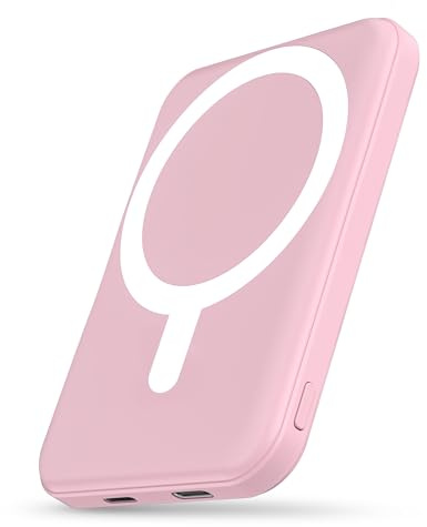 Podoru Powerbank per Mag-safe, 5000mAh Power Bank Wireless Ricarica Rapida Power Bank Magnetico con Type-C/Lighting Caricatore Portatile per iPhone 17/16/15/14/13/12 Tutto Series-Rosa