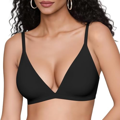Vertvie Womens Wireless Triangle Bralette Plunge Unlined Seamless Bras No Underwire Sexy Comfortable Unpadded Everyday Bra(Black,Large)