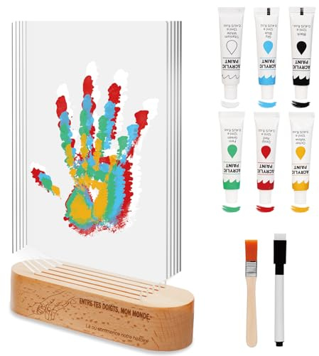 Empreinte Main Famille – Kit Empreinte Bébé et Adulte avec 5 Plaques Acryliques, Base Bois Massif et 6 Couleurs – Activité Créative DIY, Cadeau Naissance Bebe, Fête des Mères ou Pères