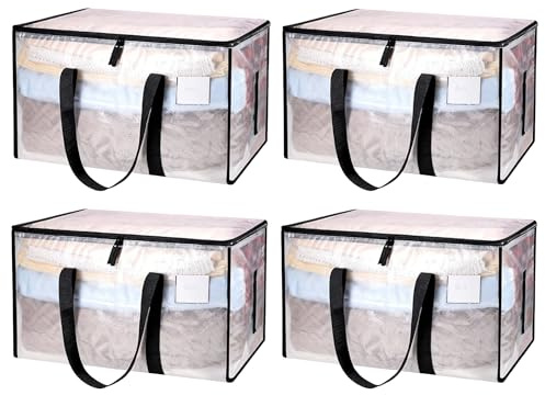 flaxarne Bolsas Almacenaje Ropa, 90L Bolsa de Almacenamiento Impermeable, Bolsa Organizadora Gruesa, para Viajes, Transporte,Universitario, Mudanza, Camping (Transparente, Pack de 4)