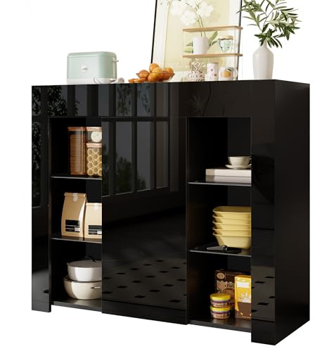 KecDuey Aparador de 95 x 35 x 83 cm, buffet moderno con frontal brillante, solución de almacenamiento compacta y elegante con estantes de cristal y puerta de armario para salón, comedor, cocina (negro