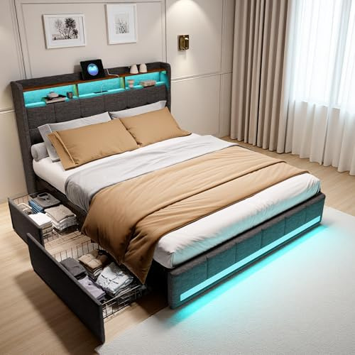 PerGar Polsterbett 180x200 cm mit Stauraum, Doppelbett mit 4 Schubladen und LED Kopfteil, Jugendbett, Funktionsbett, Bettgestell mit Lattenrost und Metallrahmen, Ohne Matratze, Leinen (Grau)