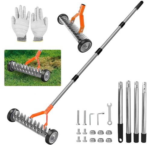Lawn Thatch Rake with Wheels, Rolling Lawn Scarifier with 32 cm working width, Handheld Weed Rake, for Cleaning Dead Grass, Moss, Weeds (Orange,1.7M)