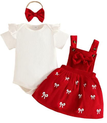 LUVCES Neonata Bambina Gonne Set Autunno Manica Lunga con Cuore Top + Velluto a Coste con Bretelle Abito+ Fascia per Capelli Abiti 3Pcs San Valentino Completo maniche corte con fiocco rosso 3-6 Mesi
