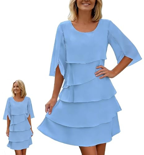 Chiffongklänning Dam med Volanger, Elegant Midi-klänning med 3/4 Klockärm, Flowy Lager-på-lager Klänning för Bröllopsgäst Fest och Fina Tillfällen(Light Blue,3XL)