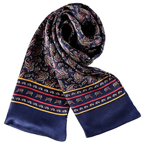 YangtzeStore Langer Charmeuse Satin Seidenschal für Herren, Marineblau mit Paisley-Muster, 63x10
