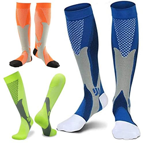 3 Paar Kompressionsstrümpfe Damen & Herren, 15-20mmHg Kniestrümpfe Stützstrümpfe Laufsocken Für Damen & Herren, Sport, Laufen, Flug, Reisen, Schwangerschaft (Blau+Orange+Grün,XXL)