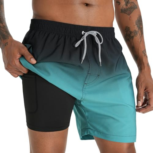 iCKER Swim Shorts Men Swim Trunks 2 in 1 Compression Liner Quick Dry Swimming Board Beach Shorts,Green,XXL