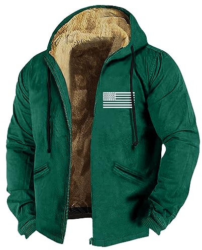 Generisch Black Jacket, Herren Einfarbig Flagge Print Jacke Frühling Und Herbst Casual Trend Zipper Hooded Jacket Jeans Kutte Winter Jacket Men-Kurzmantel Sicherheitsweste Coats For (7XL, Dark Green)