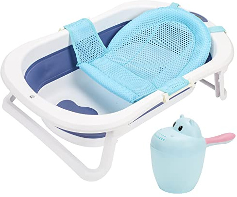 Eulenke Baignoire pliable bébé thermomètre intégré gobelet lavage cheveux portable antidérapante 50 l nouveau-né 3 ans coussin soutien bleu