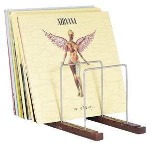 Decibelvibe Vinyl Record Storage and Player Stand, Now Playing Display with Stainless Steel and Solid Walnut Wood Premium Design, Up to 75 Records, for Living Room or HiFi Room