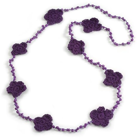 Avalaya Collana lunga fatta a mano con perline di vetro all'uncinetto, motivo floreale viola, leggera, 100 cm di lunghezza