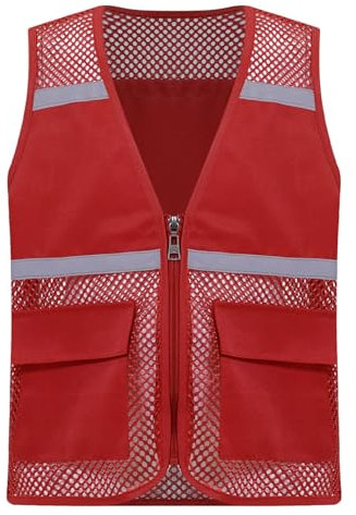 Yruioon Kinder Sicherheitsweste Warnweste Reflektierendes Warnschutz Weste mit Reflektorstreifen Reißverschluss und Taschen Arbeitsweste Rot 134-140