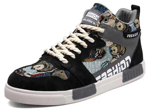 WELRUNG Men's Fashion High Top Chinese Style Skate Sneakers Stylish Comfortable Skateboarding Road Running Walking Shoes Size 12.5 Black Grey