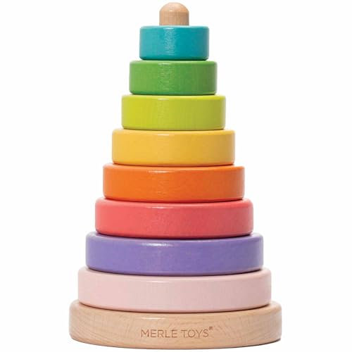 Merle Toys® Tour à Empiler Bebe - 100% FSC Certifié Jouet en Bois, Jeux Montessori 1 an, Pyramide a Empiler Bebe Colorée avec 8 Anneaux Arrondis, Jeu à Empiler Bebe 1 an, Jouet Enfant 1 an
