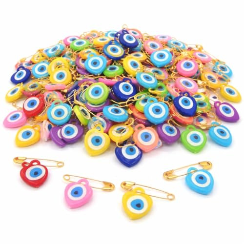 Perlin Lot de 100 pièces Nazar Boncuk avec épingle à nourrice - Multicolore - Mélange - Porte-bonheur - Pour baptême, mariage, baby shower - Accessoires de décoration