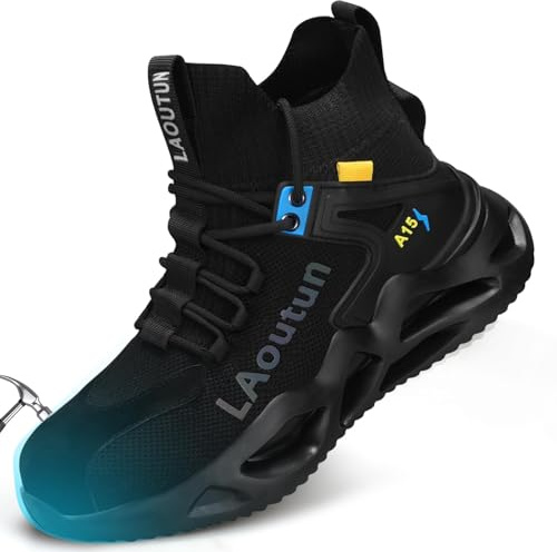 LAoutun Safety Trainers Comfortable Steel Toe Cap Trainers Mens Safety Shoes Lightweight Work Boots for Men Industrial Protective Work Shoes Dark Black