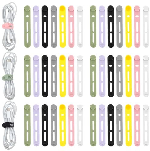 JIYIN 42 bridas de silicona reutilizables, correas ajustables, organizador de cables elástico multiusos para agrupar cables de carga, auriculares, cables de computadora, bridas multicolor para el