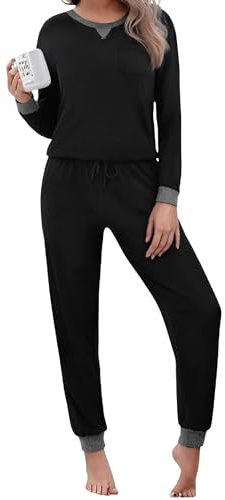 Marvmys Women's Pyjama Sets Cotton Long Sleeve Cotton Contrast Trim Round Neck Top and Pants with Pockets Loungewear Sets for Ladies Black
