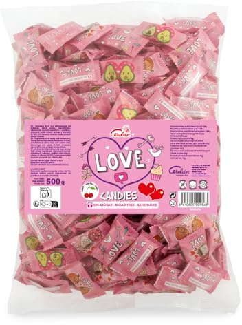Caramelos Cerdán - Caramelos Sin Azúcar con Forma de Corazón Love | Sabor Cereza | Caramelo Sin Gluten ni Alérgenos | Ideal para San Valentín, Fiestas, y Cumpleaños | Bolsa de 500 grs