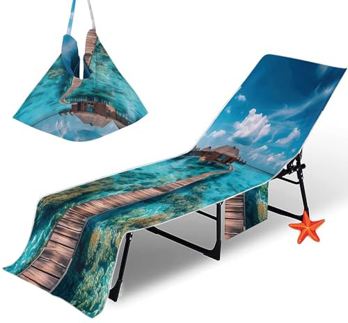 Surwin Housse de Chaise de Plage, Serviette de Plage Couverture Séchage Rapide Housse pour Chaise Longue de Jardin Protection Bain de Soleil pour Hôtel Piscine -Cocotier (Ciel,75x210cm)