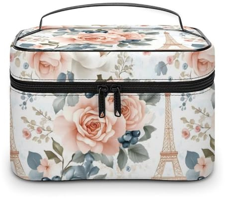 Grande borsa da viaggio in pelle, organizer da viaggio con fiori e mirtilli e torre Eiffel, trousse per cosmetici da donna, per la cura della pelle delle unghie, organizer per trucchi con scomparti