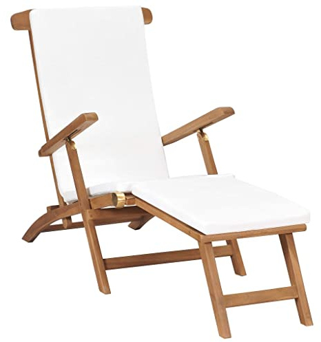 Augerqir Tumbona de teca maciza con cojín blanco crema, respaldo ajustable de 4 niveles, tumbona plegable para exteriores, para balcón, terraza, jardín, 152 x 60 x 92 cm, para relajarse