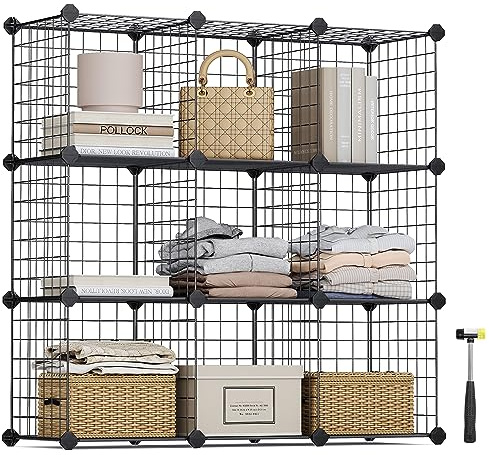 SONGMICS 9-Cube Wire Grid Storage Rack, Interlocking Shelving Unit with Metal Mesh Shelves and PP Plastic Sheets, for Books Shoes Clothes Tools, in Living Room Bathroom, Black LPI115H