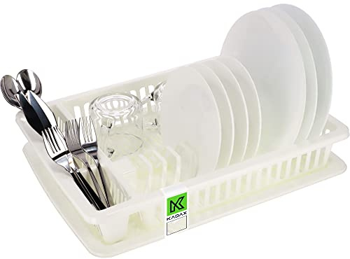 KADAX Diskfat i Plast Med Bestickkorg, 46,5 x 37 x 8,3 cm, Droppbricka, Diskställ för Tallrikar, Glas, Bestick (Ecru)